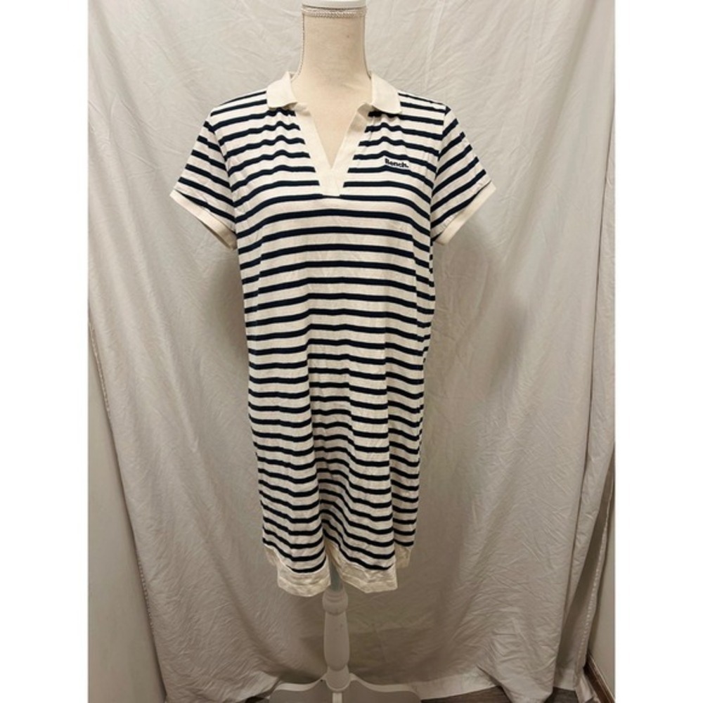 Bench Women Navy White Striped Polo Collar Short Sleeve‎ Shirt Dress Large